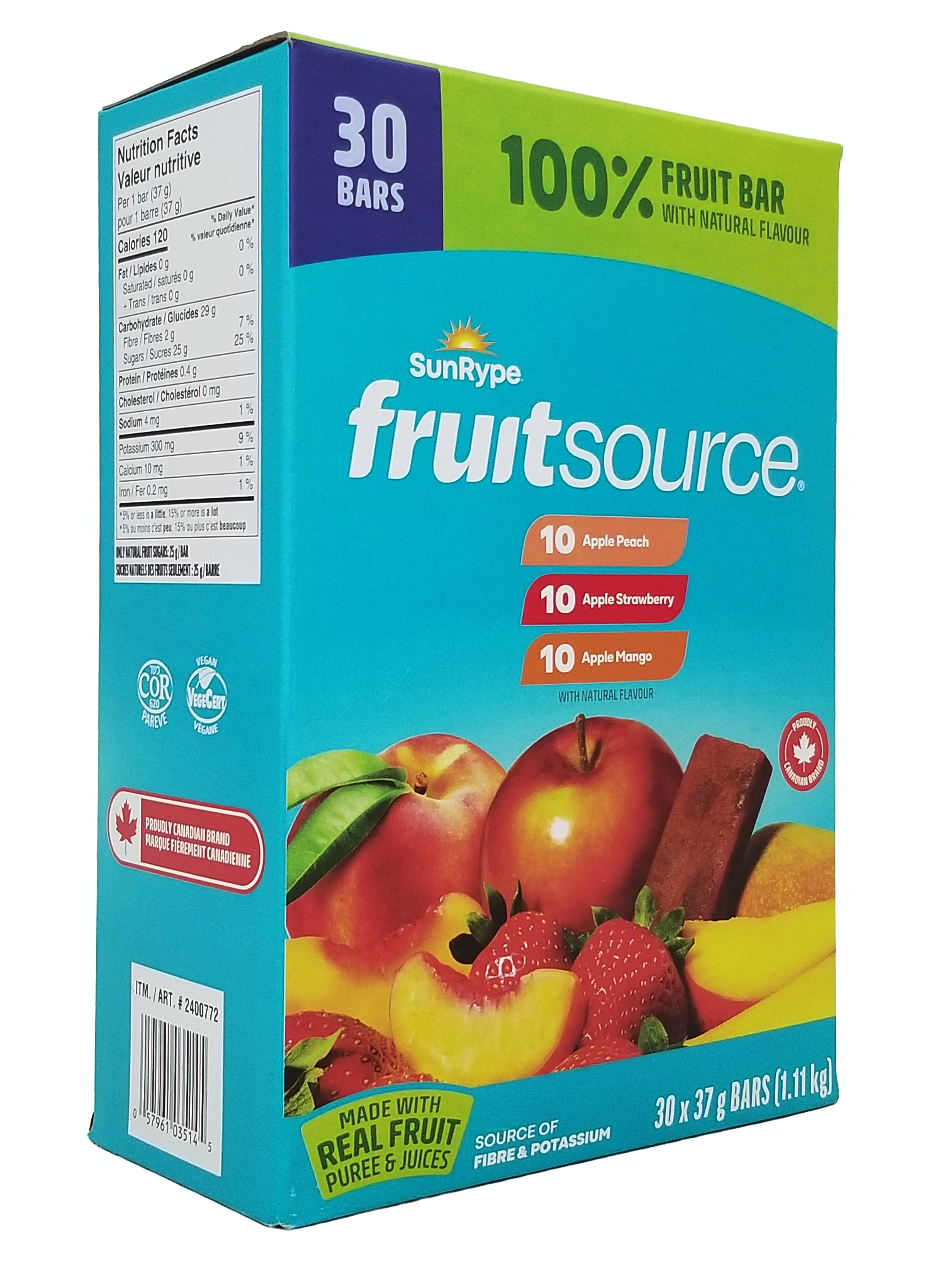 Box of SunRype Fruitsource 100% Fruit Bar,  30ct X 37g Bars, 3 Flavors with colorful packaging and fruit images.