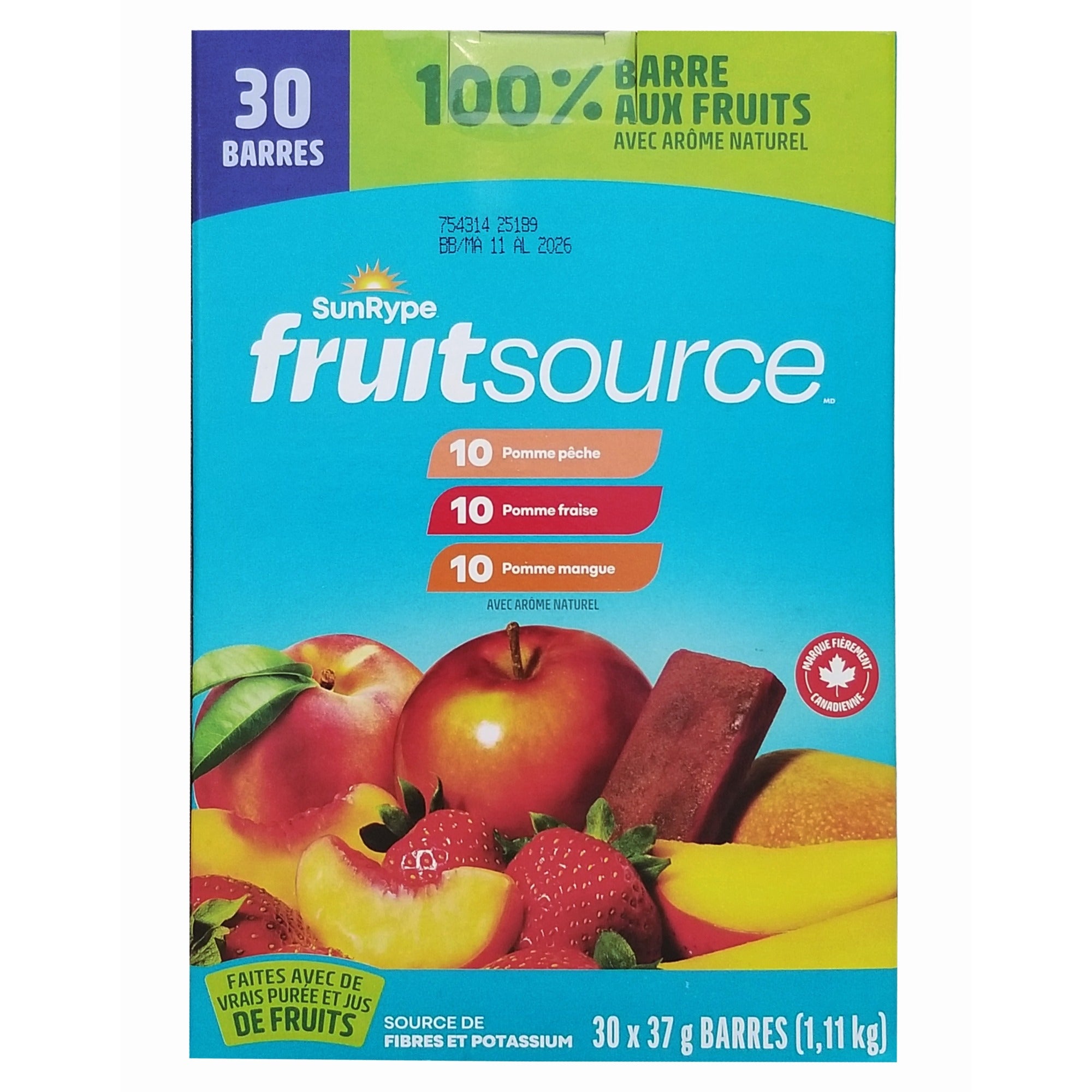 SunRype FruitSource Fruit Bars 30-pack back of box 3 flavors gluten-free vegan