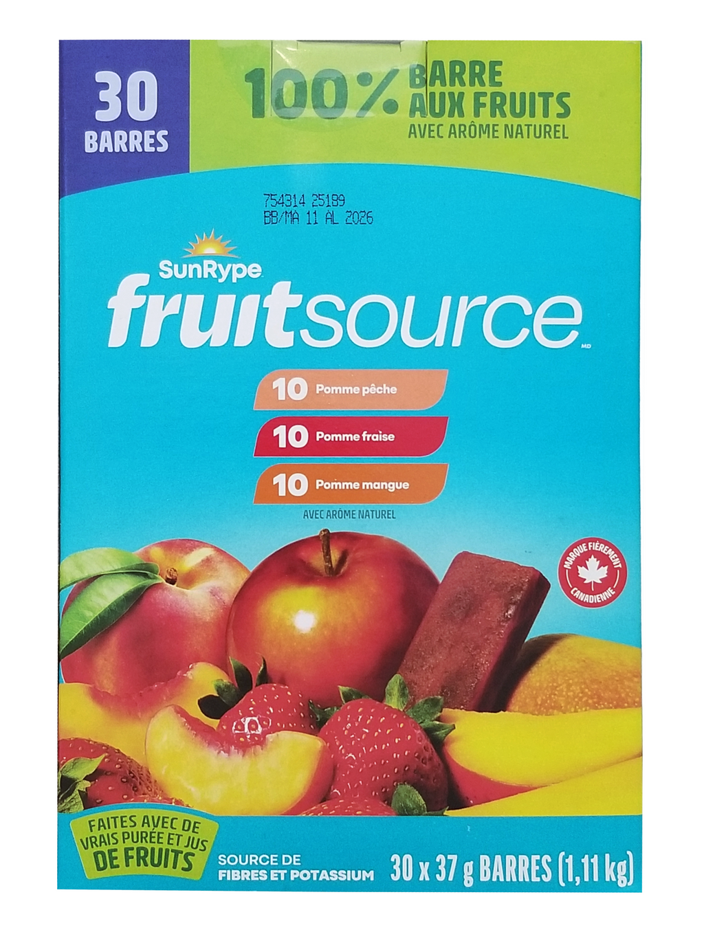 Box of SunRype Fruitsource 100% Fruit Bar,  30ct X 37g Bars, 3 Flavors with fruits on a blue background