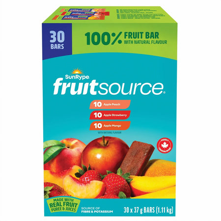 Box of SunRype Fruitsource 100% Fruit Bar,  30ct X 37g Bars, 3 Flavors with colorful packaging and fruit images.