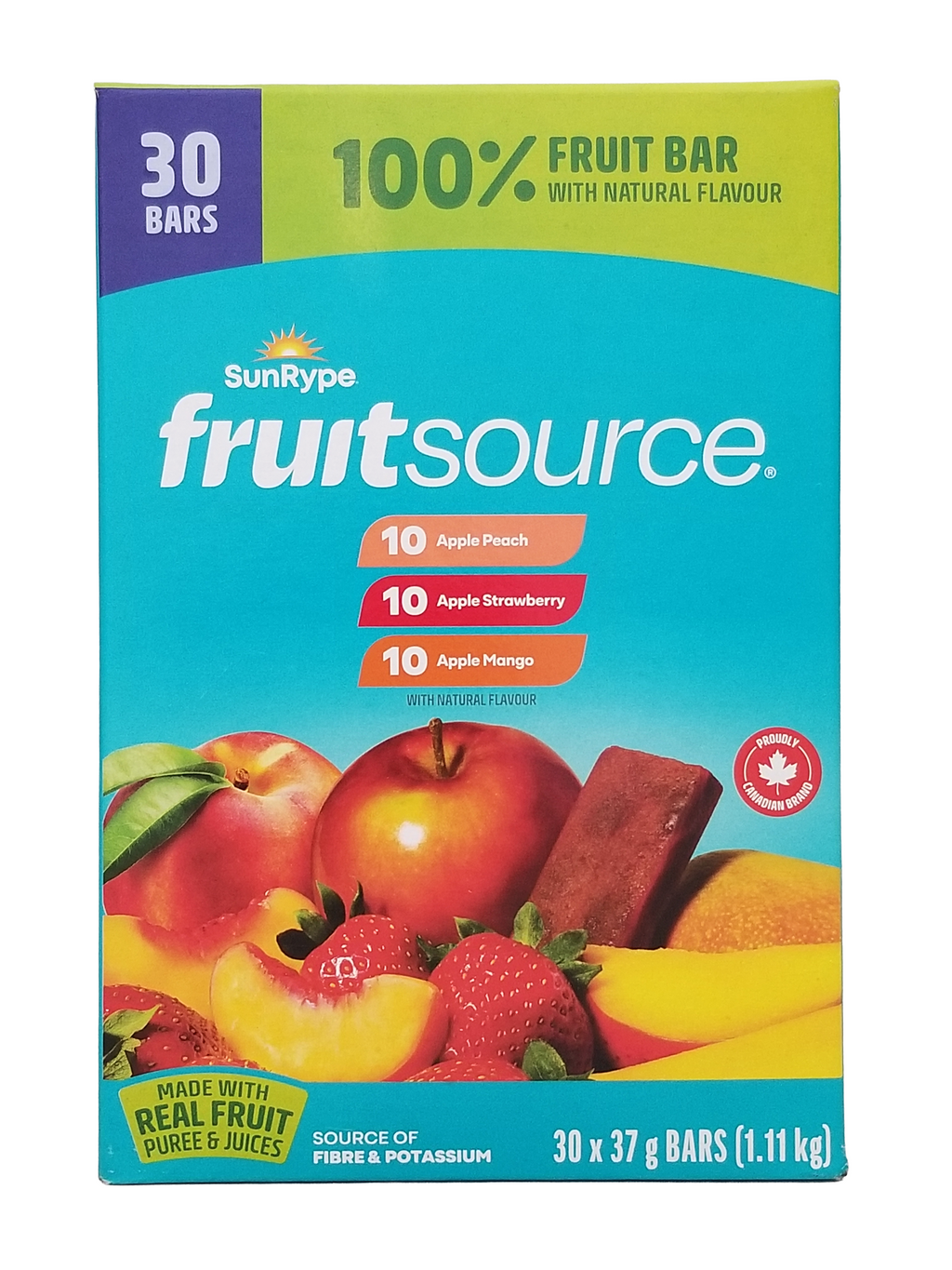 SunRype Fruitsource 100% Fruit Bar,  30ct X 37g Bars, 3 Flavors with colorful design and fruit imagery.