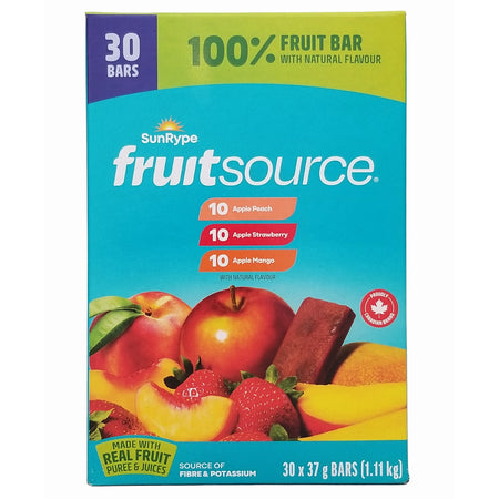 SunRype FruitSource 100% Fruit Bars 3 Flavors Variety Pack 30x37g front view