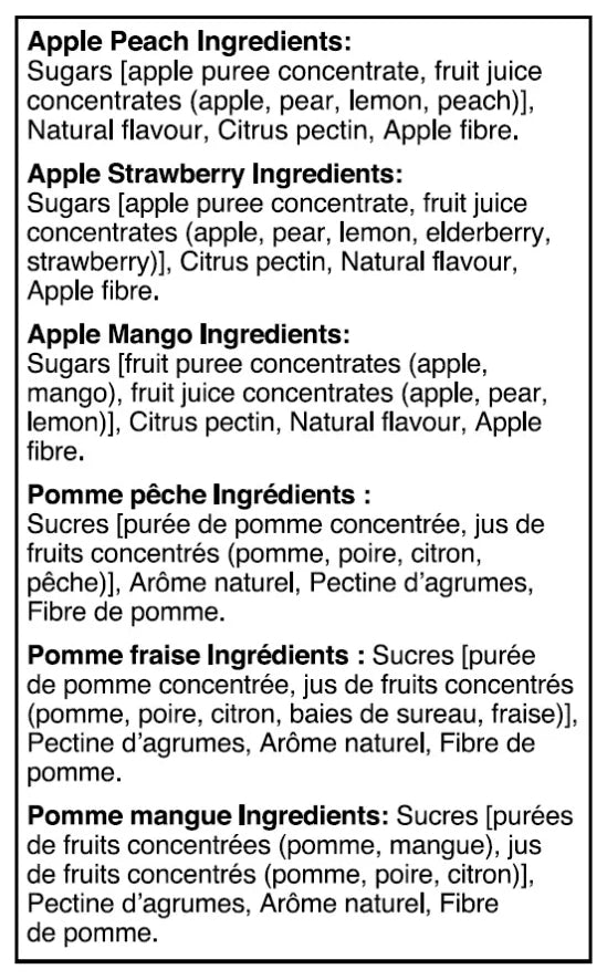 Ingredients list for SunRype Fruitsource 100% Fruit Bar,  30ct X 37g Bars, 3 Flavors: Apple Peach, Apple Strawberry, Apple Mango on a white background.