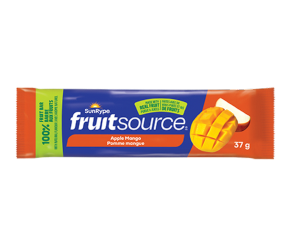SunRype FruitSource Apple Mango fruit bar packaging on a white background