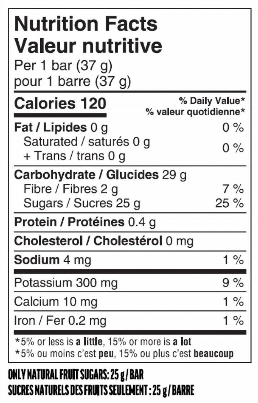 Nutrition facts label for SunRype Fruitsource 100% Fruit Bar,  30ct X 37g Bars, 3 Flavors with detailed calorie and ingredient information.