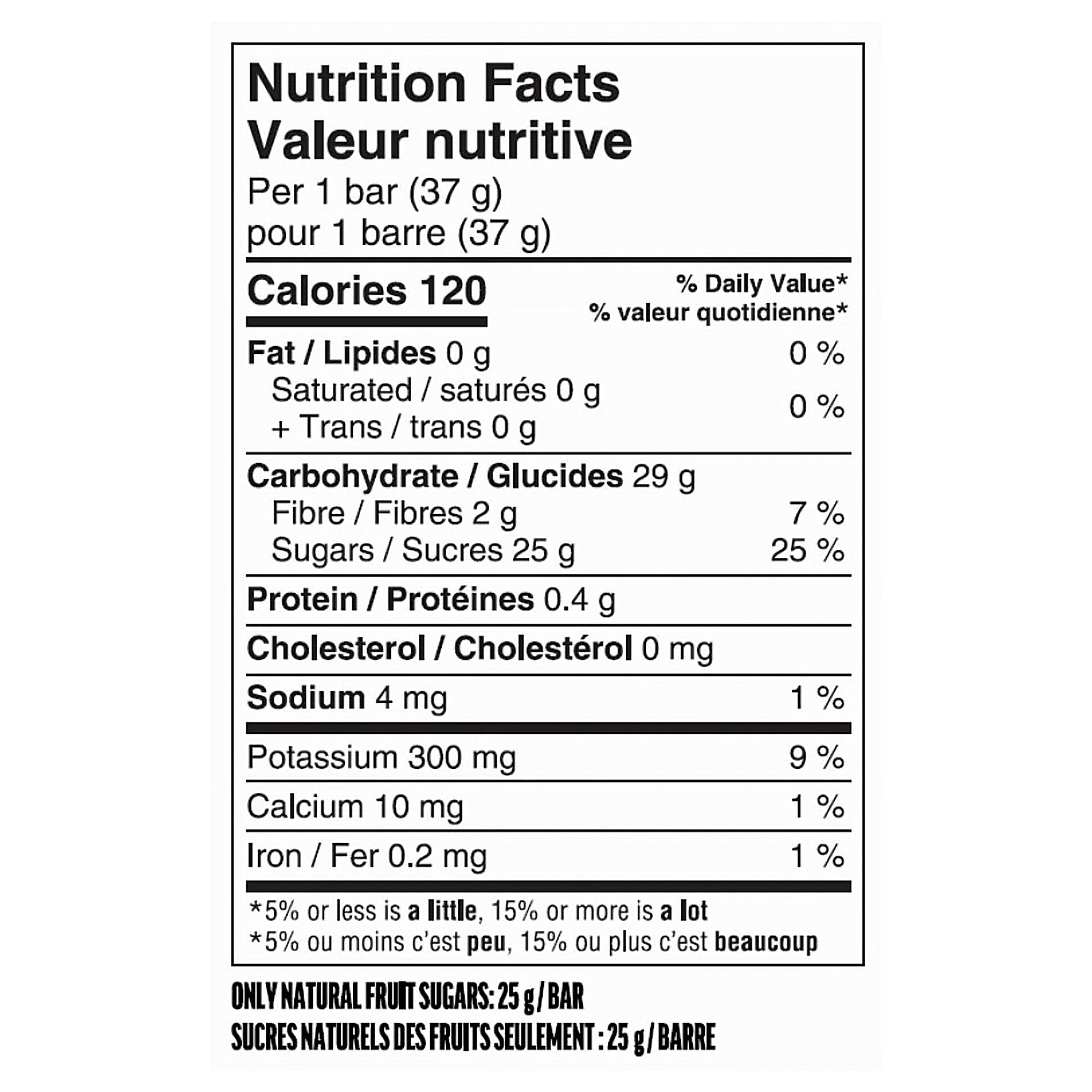 SunRype FruitSource Fruit Bar nutrition facts 37g 120 calories 2 servings of fruit