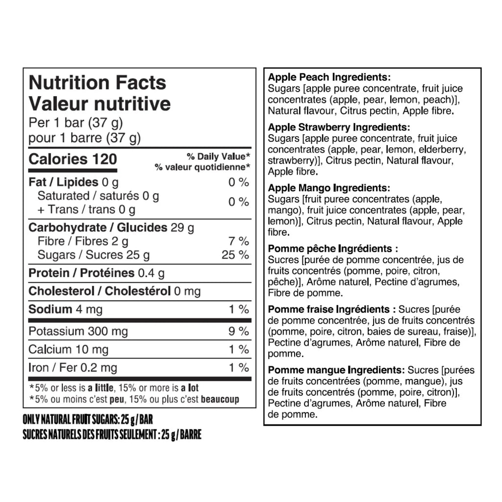 Nutrition facts label and ingredients list for a fruit bar on a white background