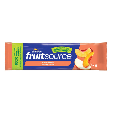 SunRype FruitSource Apple Peach fruit bar packaging on a white background