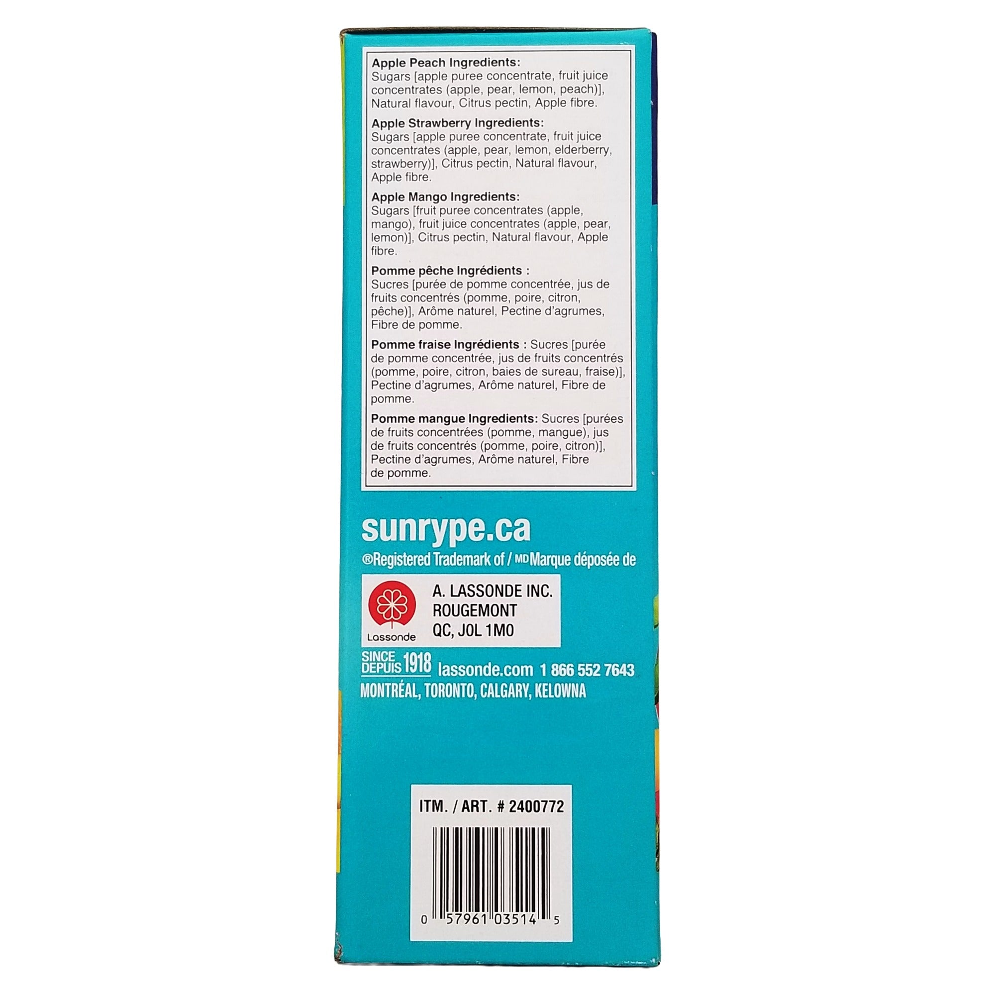 SunRype FruitSource 100% Fruit Bars box side view 3 flavor variety pack 37g