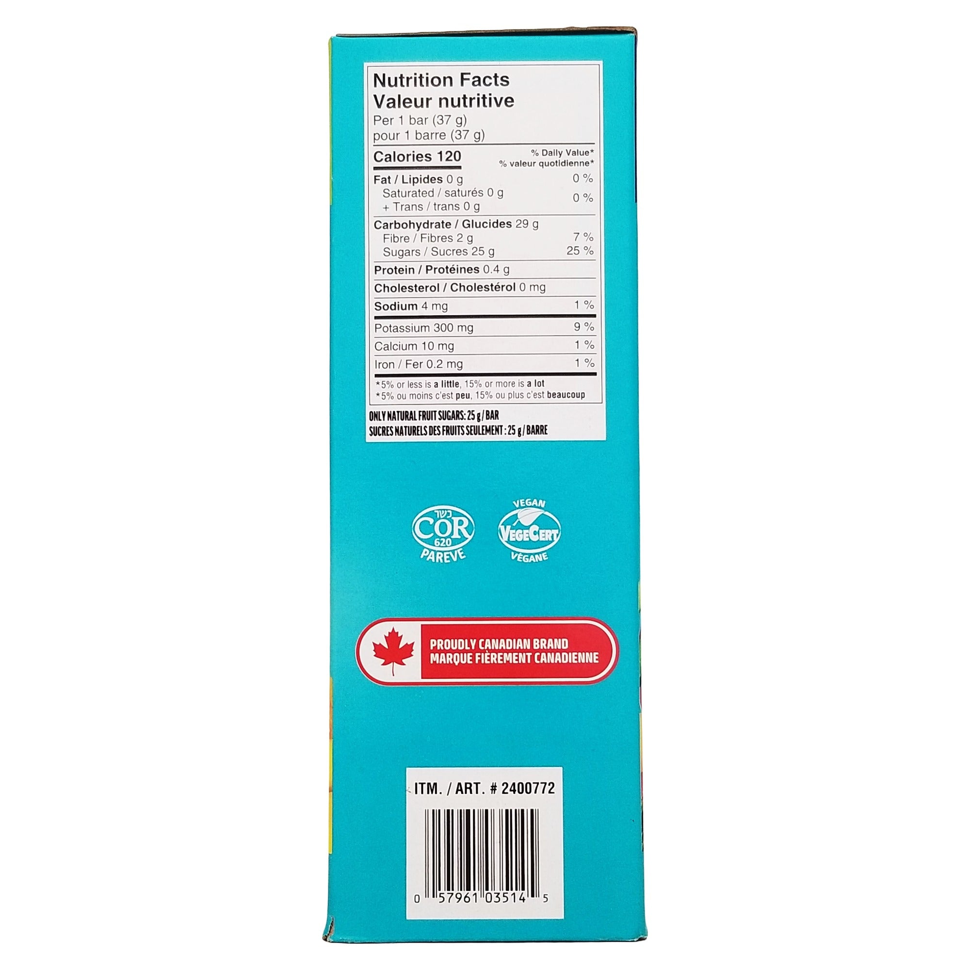 SunRype FruitSource Fruit Bars side panel view Canadian fruit snack bars 30-pack