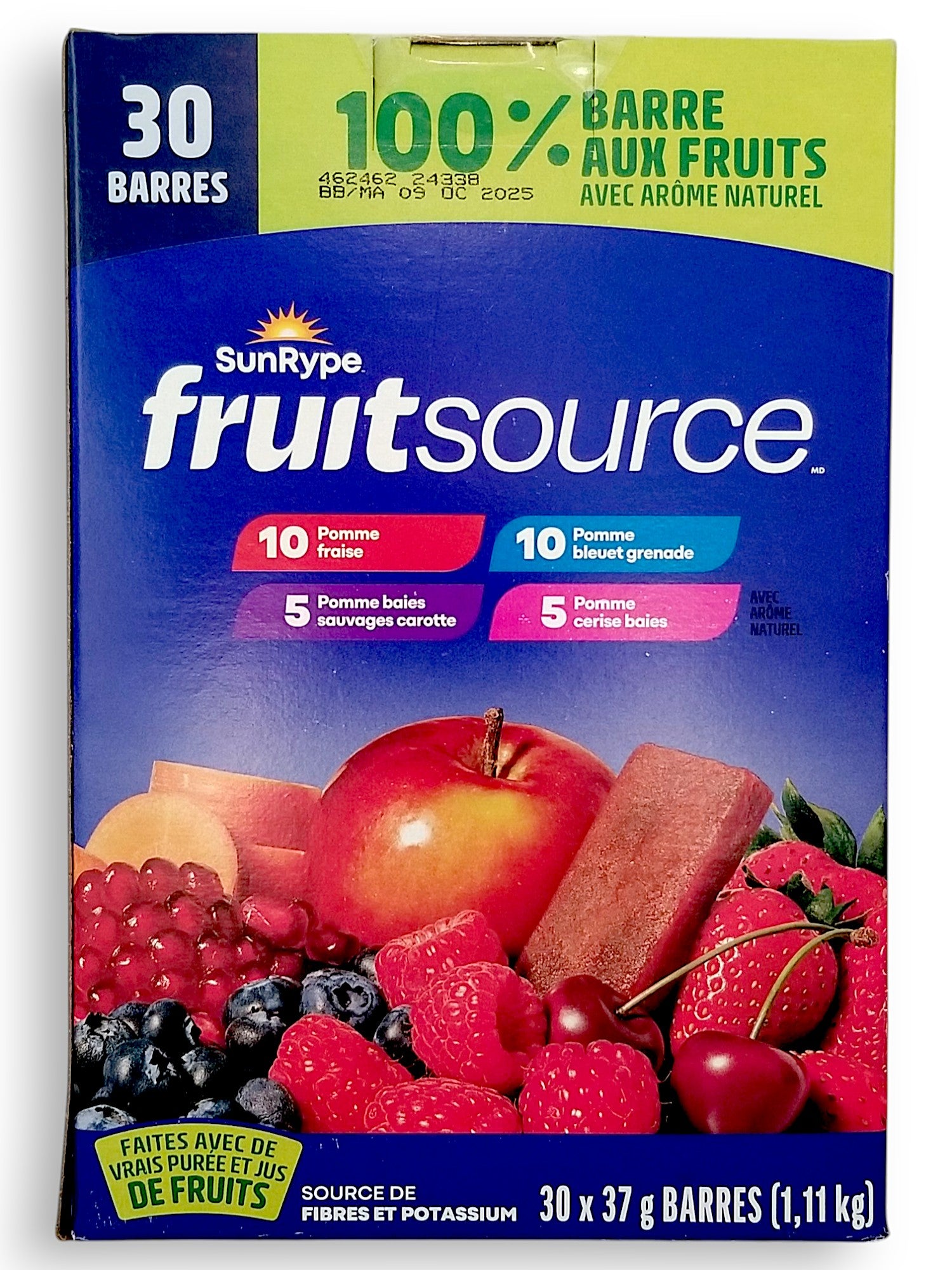 Sunrype Fruitsource 100% Fruit Bar,  30ct X 37g Bars, 4 Flavors - Back Of Box