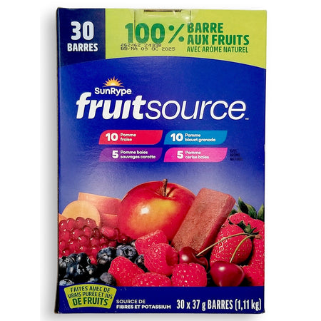 SunRype FruitSource Fruit Bars 30-pack back of box 4 flavors gluten-free vegan