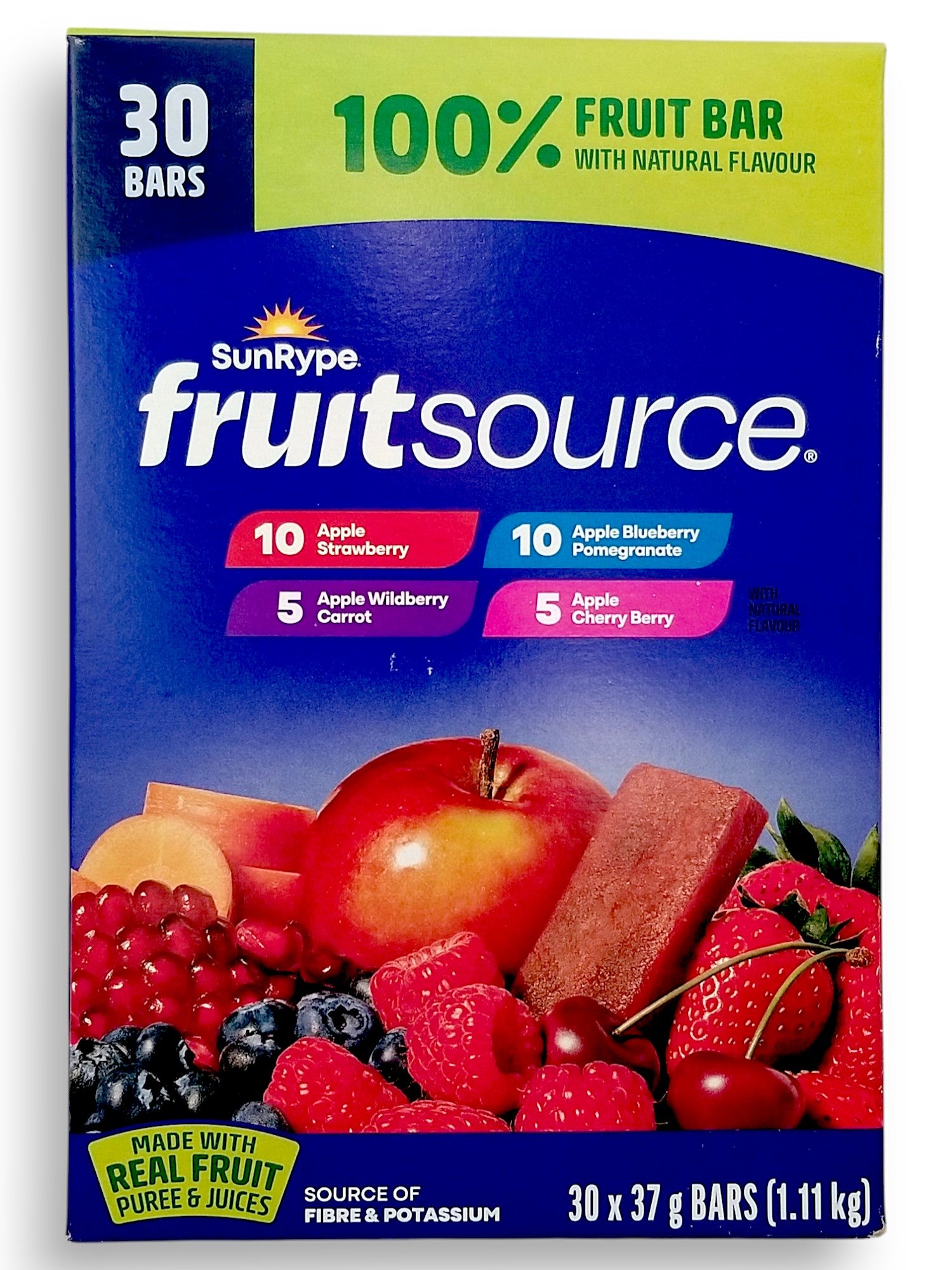 Sunrype Fruitsource 100% Fruit Bar,  30ct X 37g Bars, 4 Flavors - Front Of Box