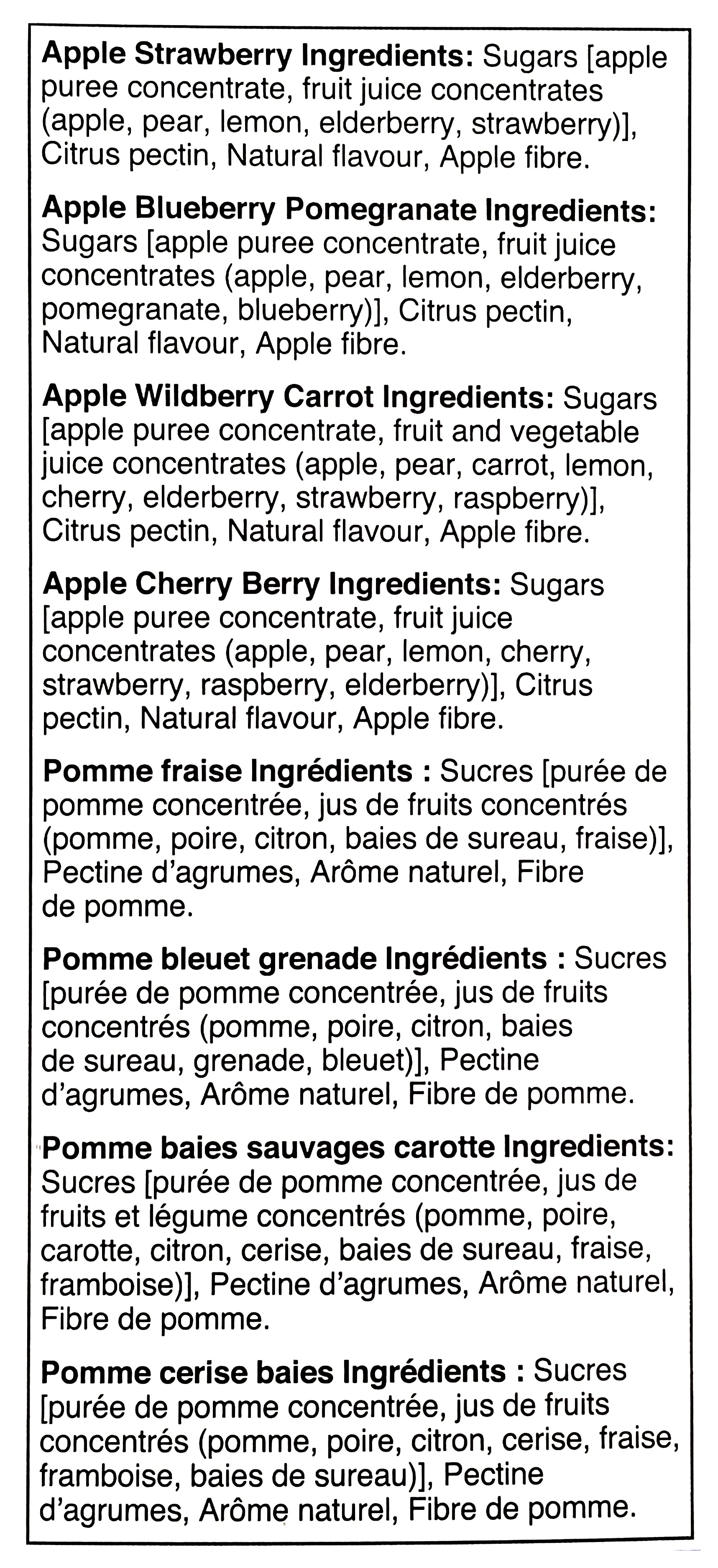 Sunrype Fruitsource 100% Fruit Bar,  30ct X 37g Bars, 4 Flavours - Ingredients Label