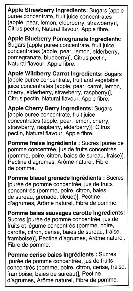 Sunrype Fruitsource 100% Fruit Bar,  30ct X 37g Bars, 4 Flavours - Ingredients Label
