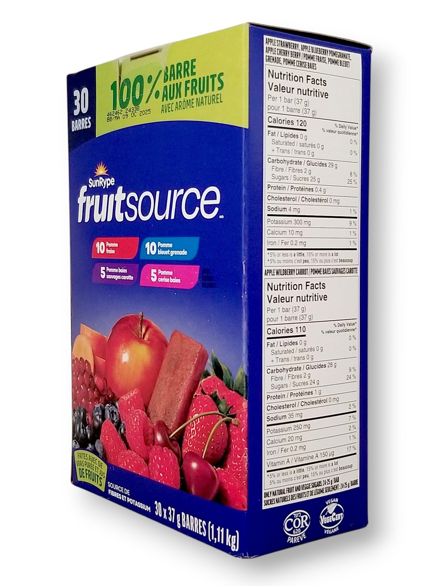 Sunrype Fruitsource 100% Fruit Bar,  30ct X 37g Bars, 4 Flavors - Right Angle Of Box