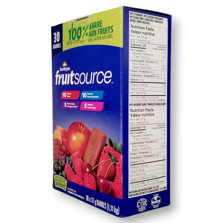 SunRype FruitSource Fruit Bars 30-pack left angle view vegan kosher snack bars