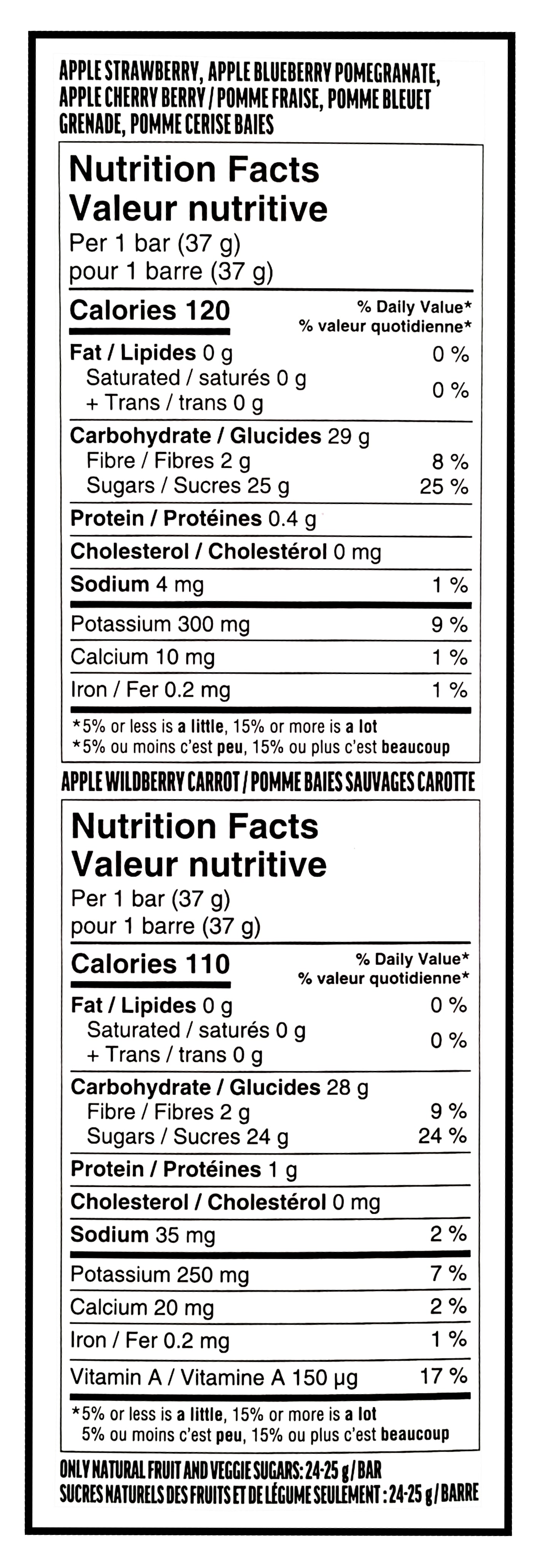 Sunrype Fruitsource 100% Fruit Bar,  30ct X 37g Bars, 4 Flavours - Nutrition Facts Label