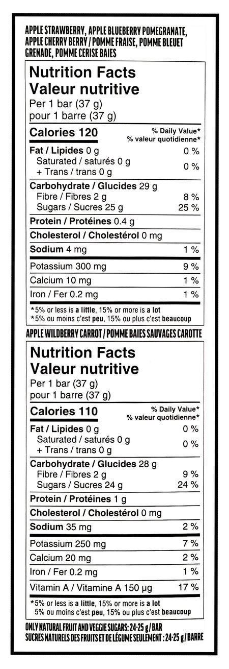 Sunrype Fruitsource 100% Fruit Bar,  30ct X 37g Bars, 4 Flavours - Nutrition Facts Label