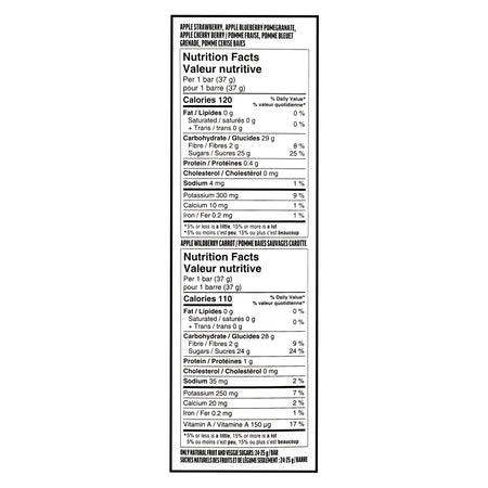 SunRype FruitSource Fruit Bar nutrition facts 37g 120 calories 2 servings of fruit