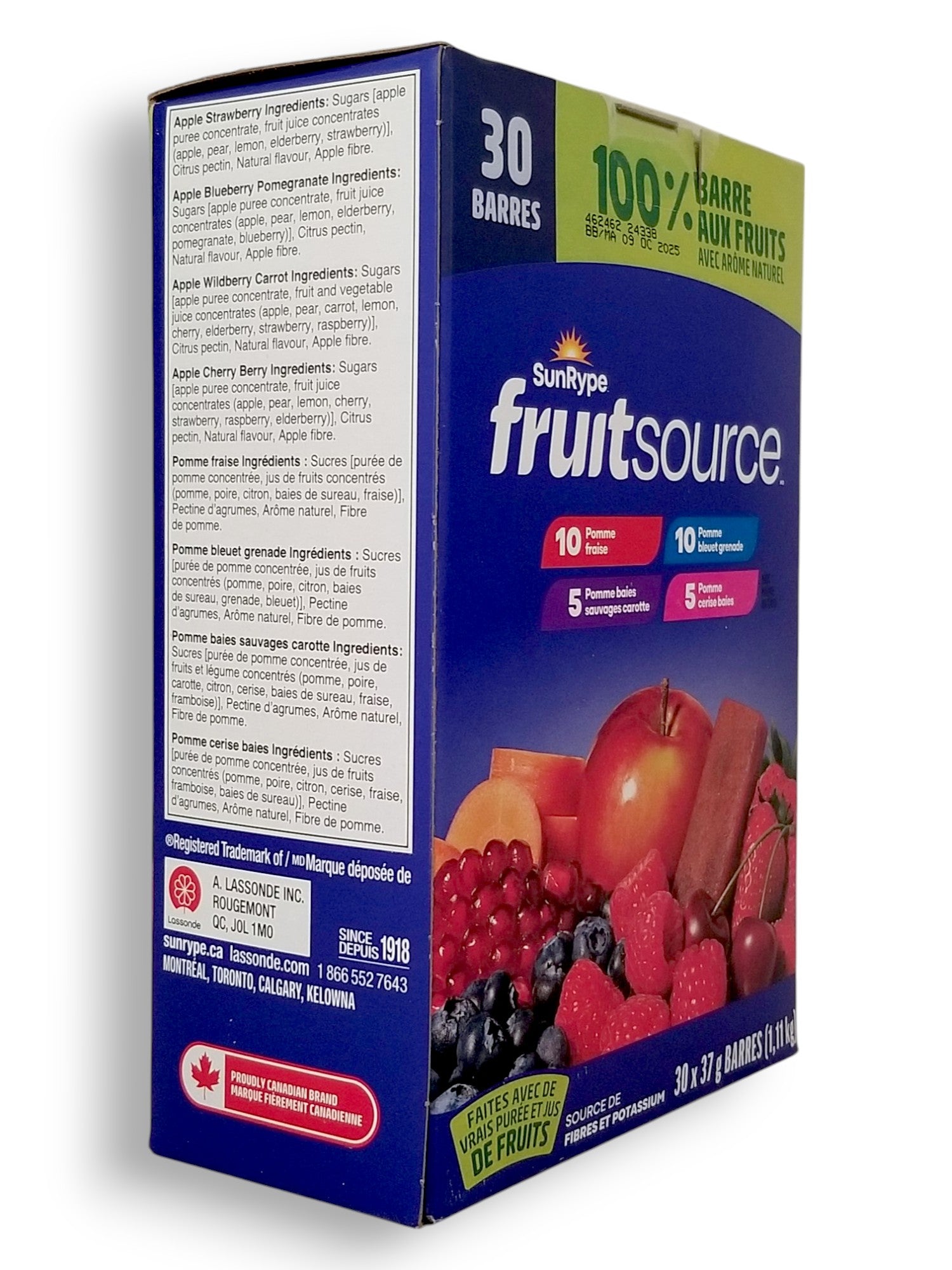 Sunrype Fruitsource 100% Fruit Bar,  30ct X 37g Bars, 4 Flavors - Left Angle Of Box