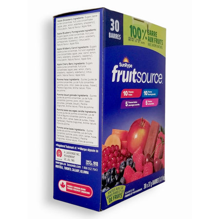 SunRype FruitSource Fruit Bars variety pack right angle view 30 bars 4 flavors