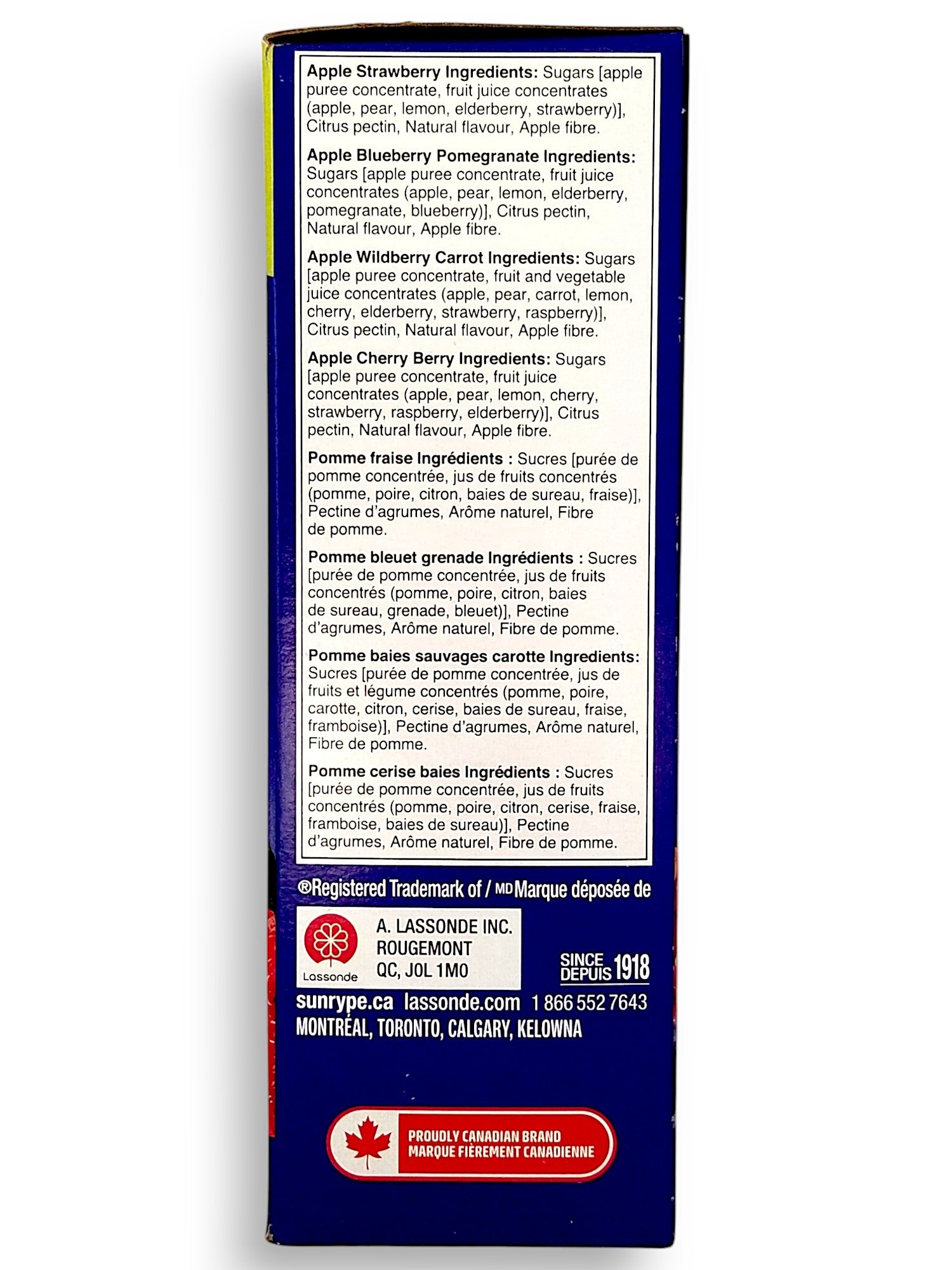 Sunrype Fruitsource 100% Fruit Bar,  30ct X 37g Bars, 4 Flavors -  Left Side Of Box