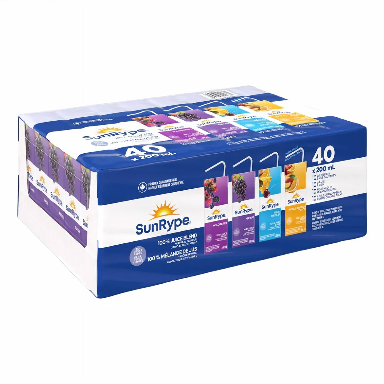 SunRype 100% Pure Fruit Juice Boxes, Variety Pack, Perfect for On-The-Go, 40x200ml - Angle Of Box