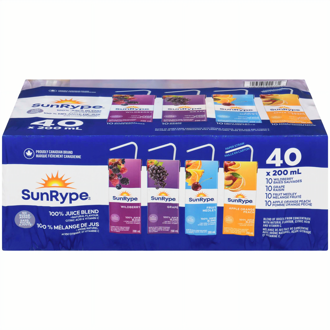 SunRype 100% Pure Fruit Juice Boxes, Variety Pack, Perfect for On-The-Go, 40x200ml - Front Of Box