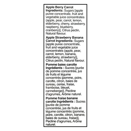 SunRype Fruit to Go +Veggie Strips 9x14g ingredients label — real fruit and vegetable ingredients
