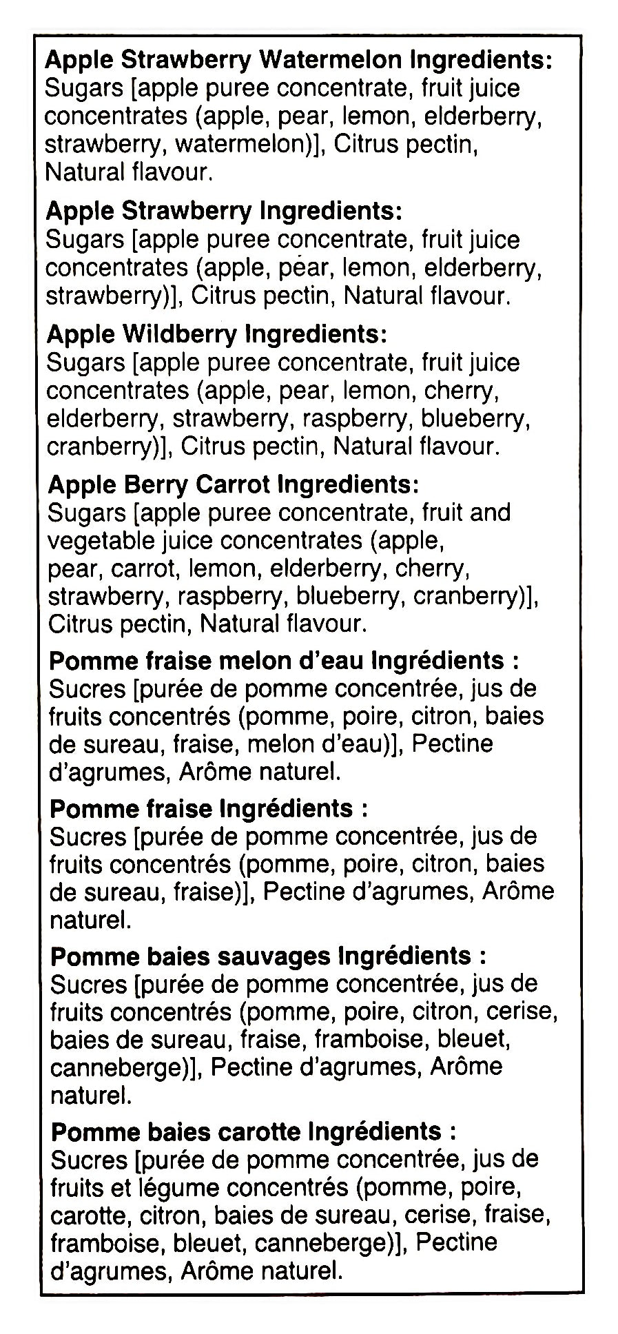 SunRype Fruit to Go Snack - Variety Pack of 72 - Ingredients Label