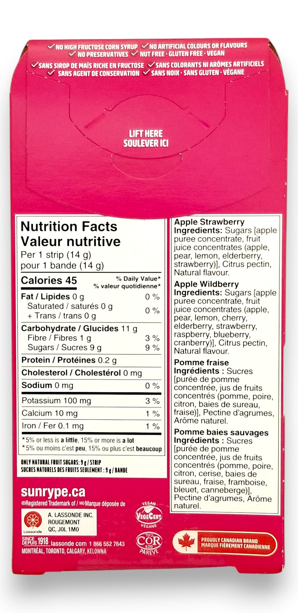 SunRype Fruit to Go Fruit Bars, Apple Strawberry & Apple Wildberry Flavors, 9x14g, 126g/4.4 oz. - Back