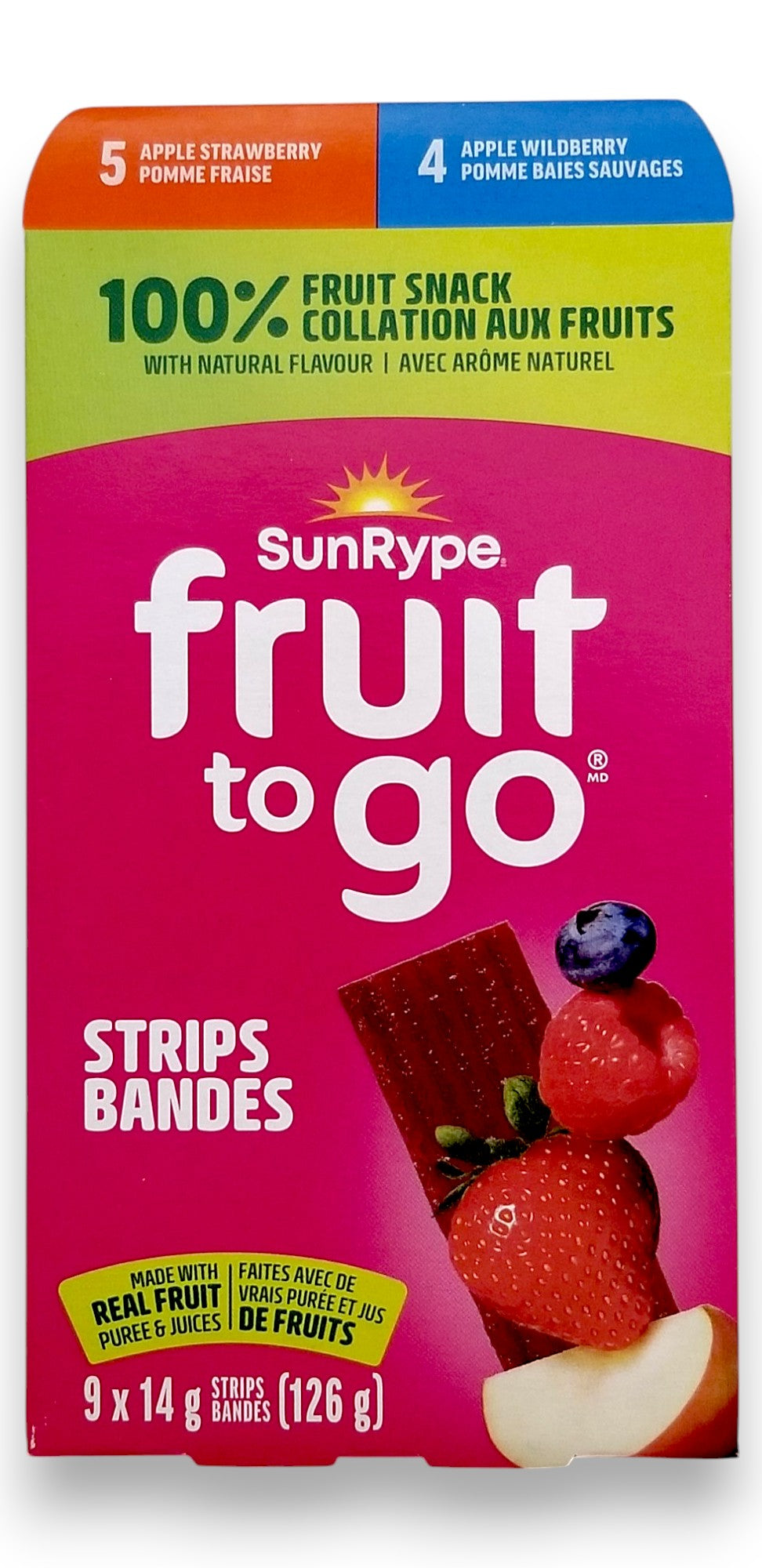 SunRype Fruit to Go Fruit Bars, Apple Strawberry & Apple Wildberry Flavors, 9x14g, 126g/4.4 oz. - Front