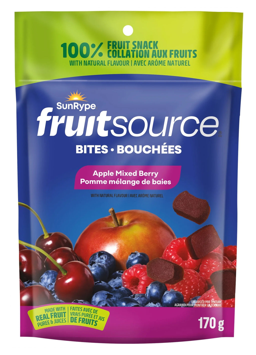 SunRype Fruitsource Apple Mixed Berry snack package on a white background