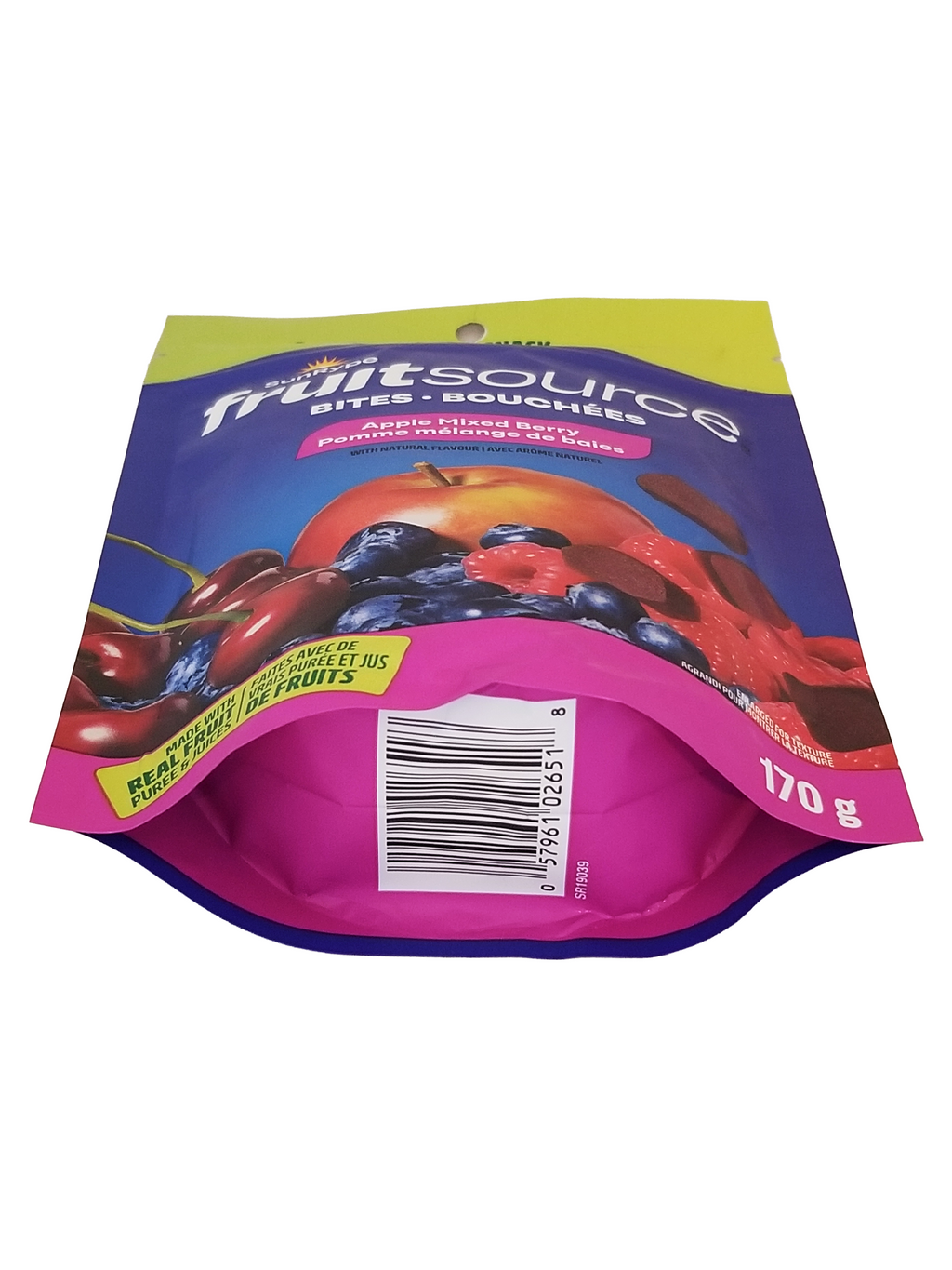 FruitSource fruit snacks package with colorful design on a white background