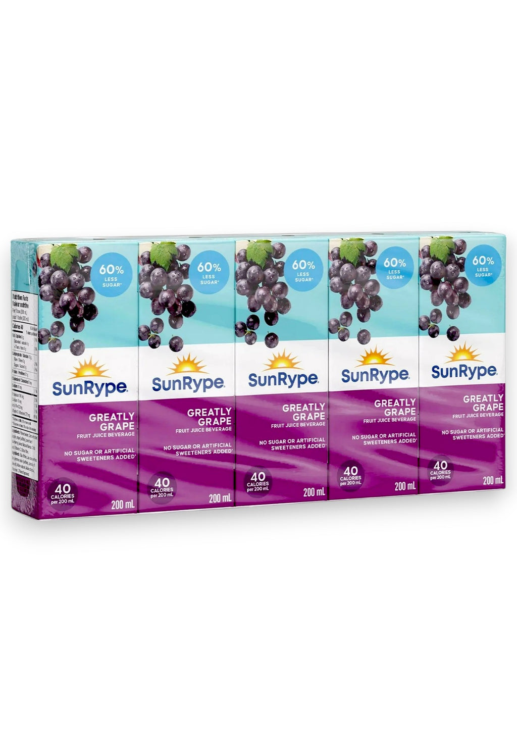 SunRype Greatly Grape Juice Boxes Perfect For On-The-Go, 60% Less Sugar, 5x200ml/33.8 fl. oz. - Front Of Pack