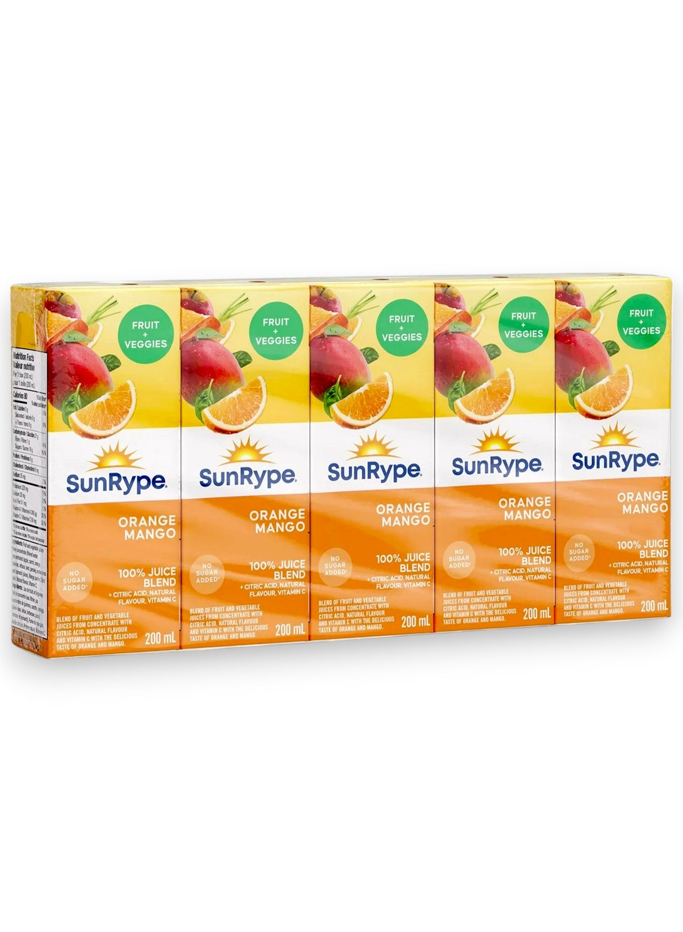 SunRype Fruit & Veggies Orange Mango Juice Boxes, Perfect For On-The-Go, 5x200ml, 1L/33.8 fl. oz. - Front Of Pack