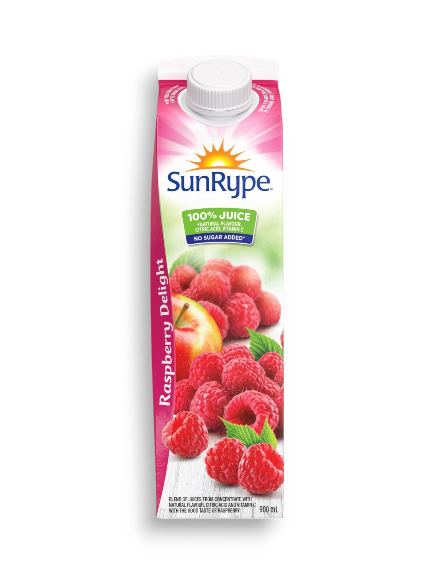 SunRype Fruit Juice, Raspberry, 900ml/30.4 fl. oz. Carton, front of carton