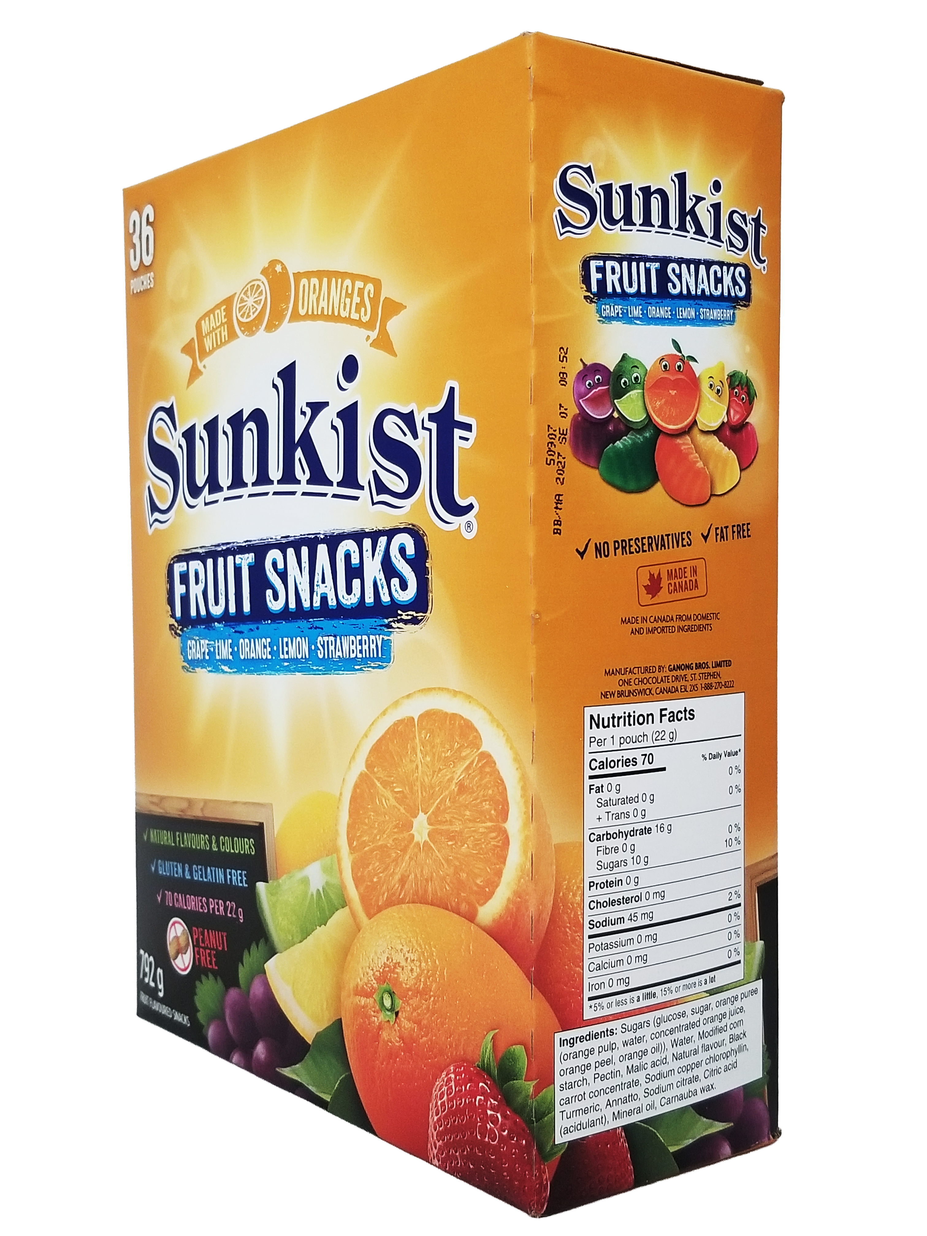 Box of Sunkist Fruit Snacks with orange slices and fruit images on a white background