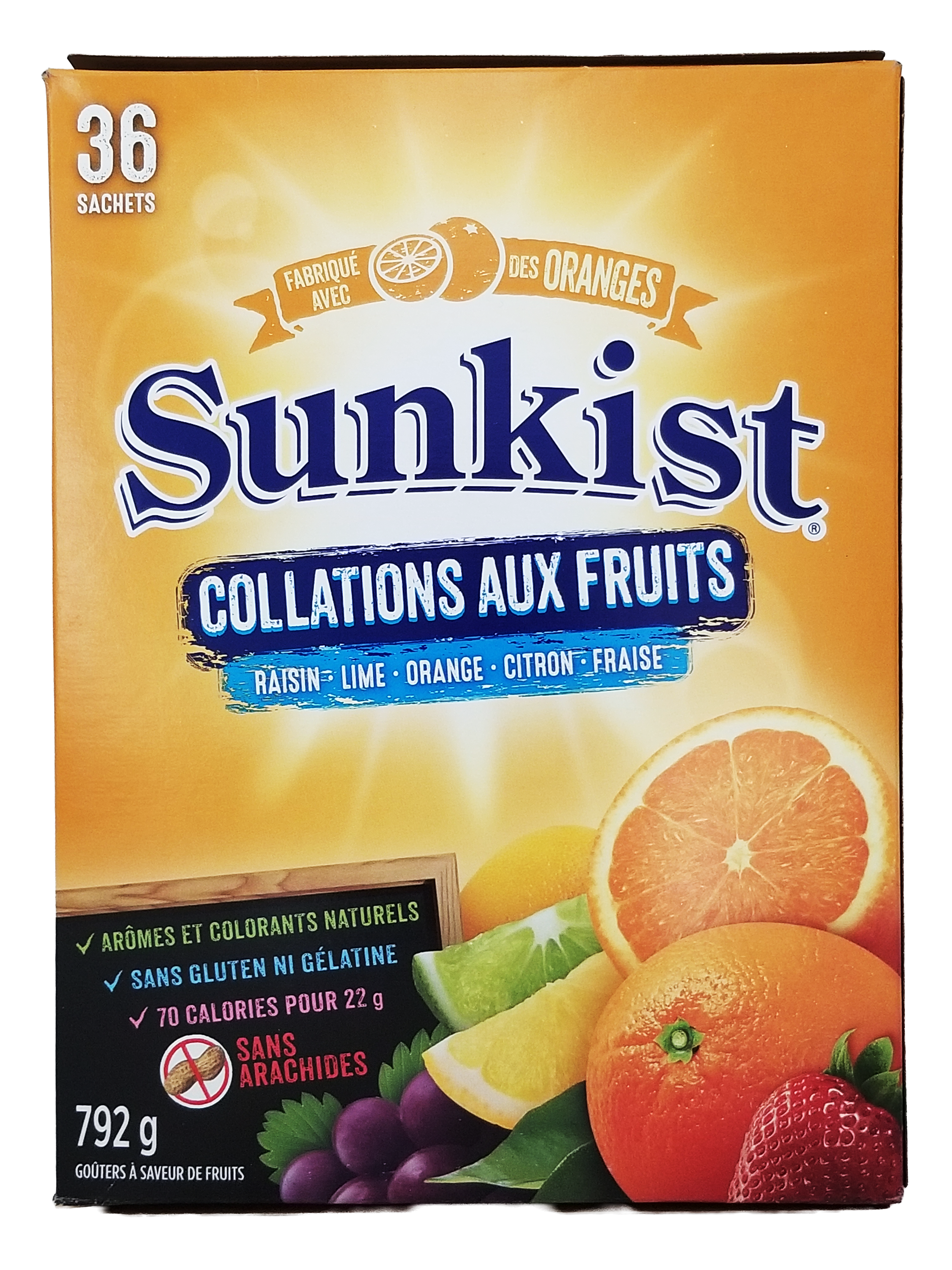 Sunkist fruit snacks packaging with oranges, lime, and strawberry on a yellow background