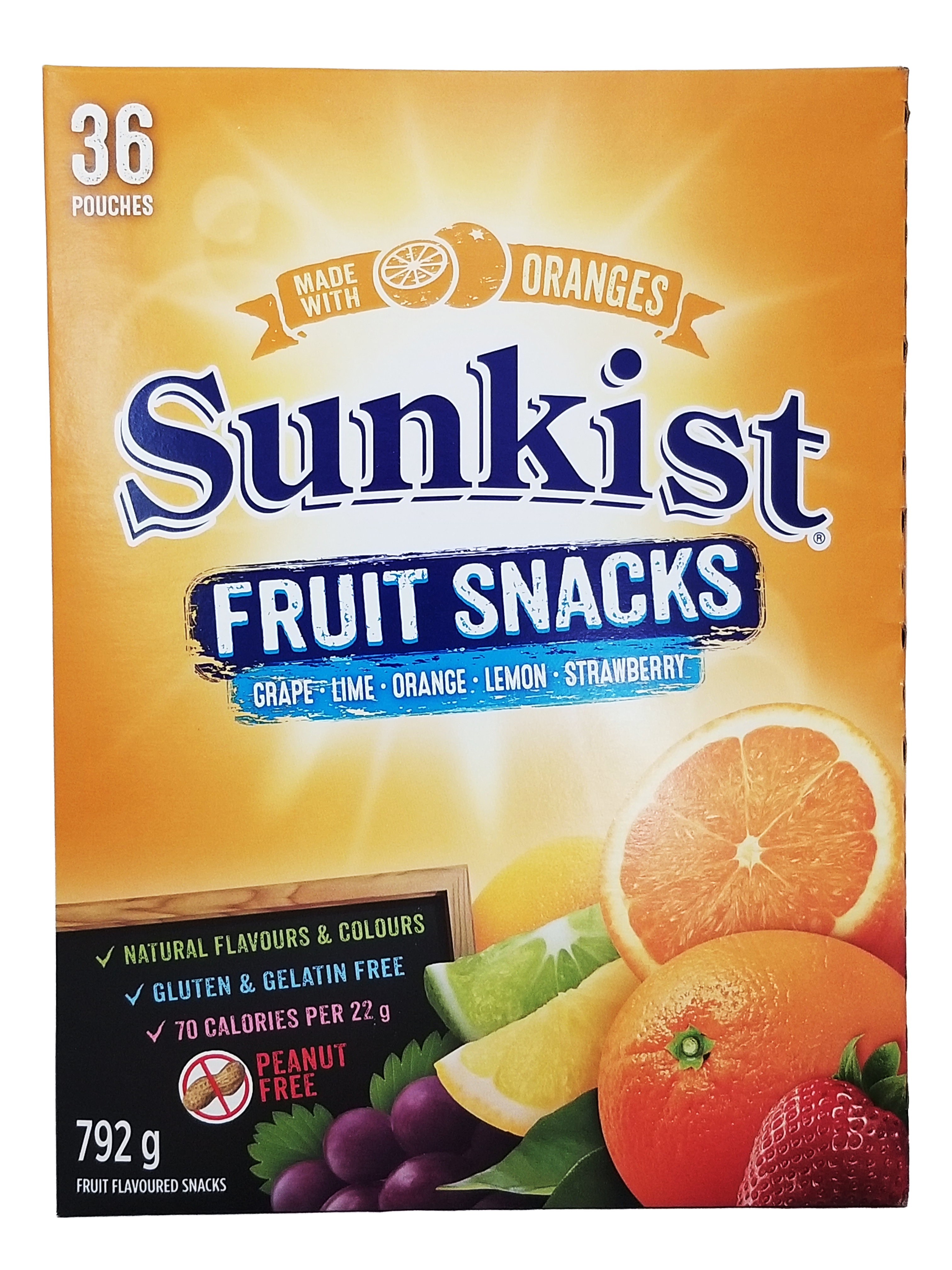 Box of Sunkist fruit snacks with orange slices and fruit graphics on a yellow background