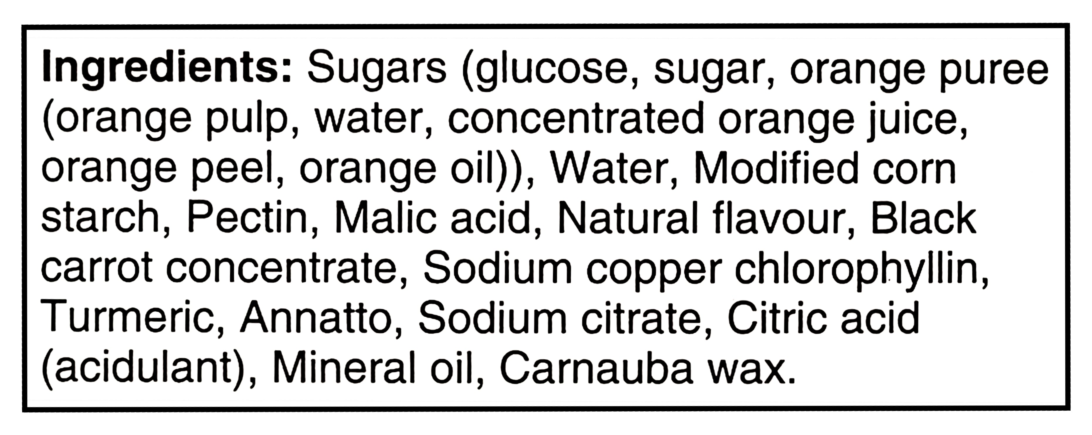 List of ingredients for Sunkist Gluten Free Fruit Snacks Assorted Flavors, 792g/28 oz on a black background