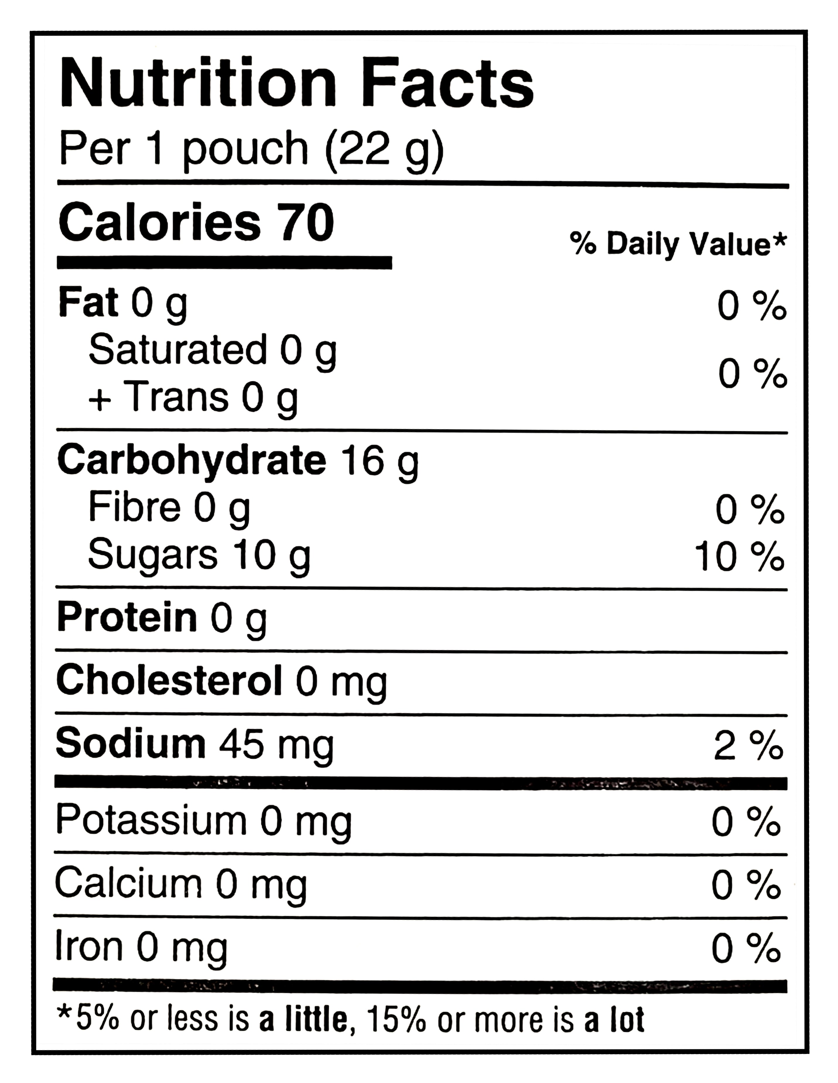 Nutrition facts label for Sunkist Gluten Free Fruit Snacks Assorted Flavors, 792g/28 oz with 70 calories per pouch, 16g of carbohydrates, and 10g of sugars.