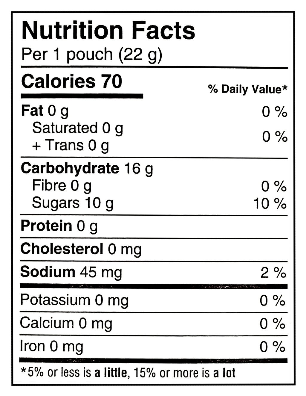 Nutrition facts label for Sunkist Gluten Free Fruit Snacks Assorted Flavors, 792g/28 oz with 70 calories per pouch, 16g of carbohydrates, and 10g of sugars.