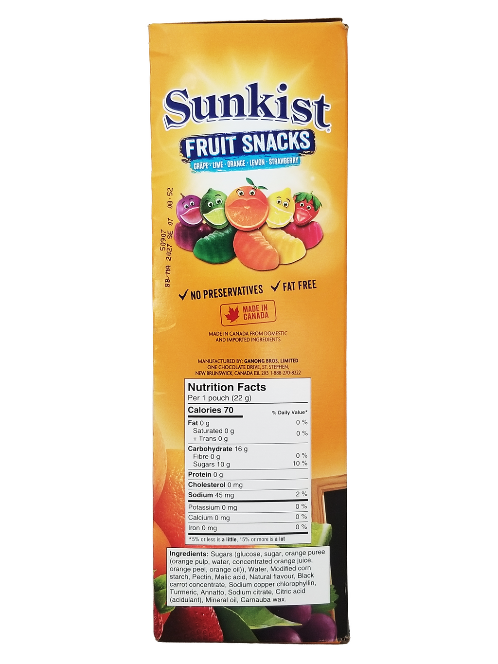 Sunkist fruit snacks packaging with colorful fruit illustrations on a white background
