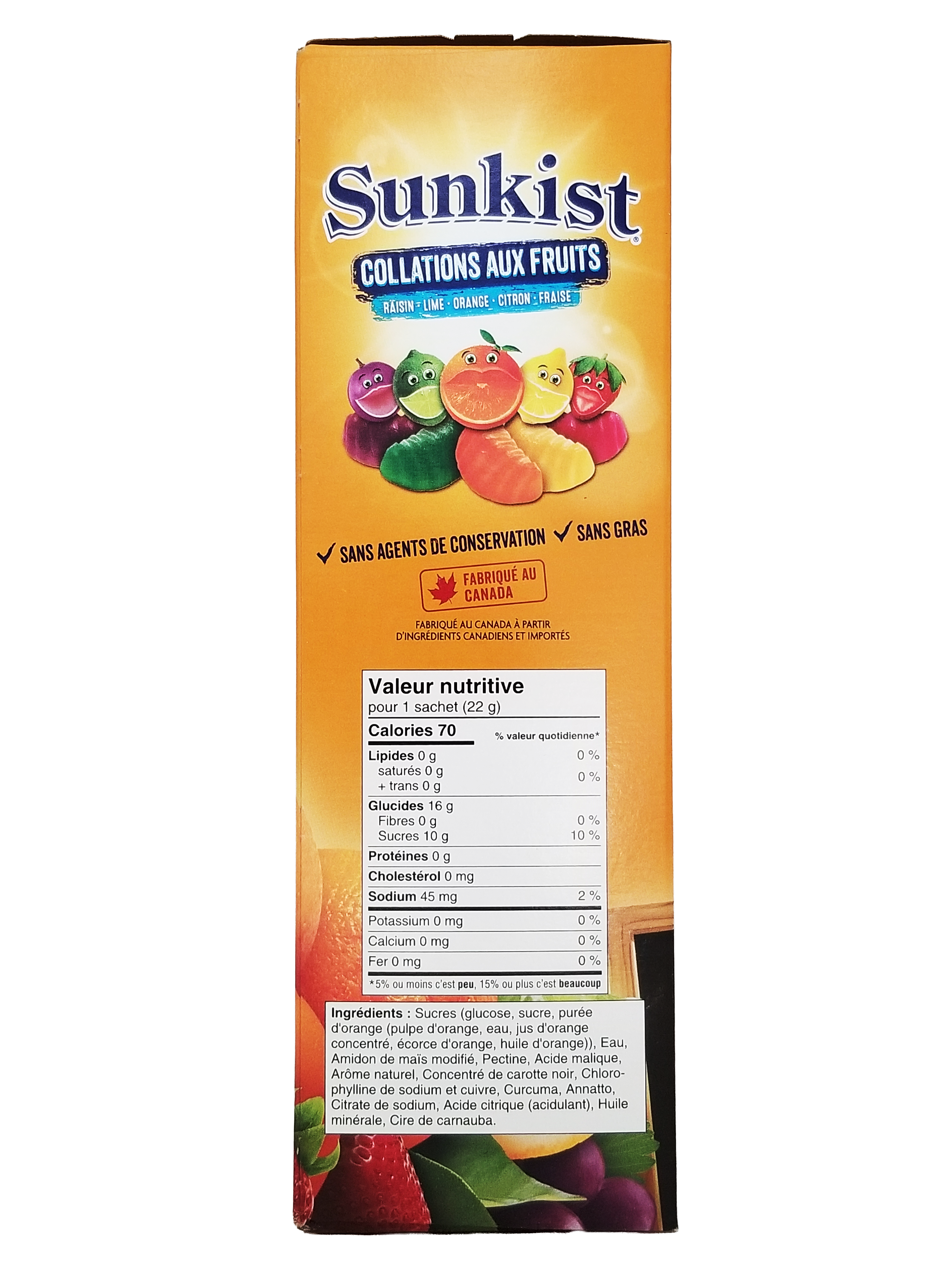 Sunkist fruit snack package with nutritional information on a white background