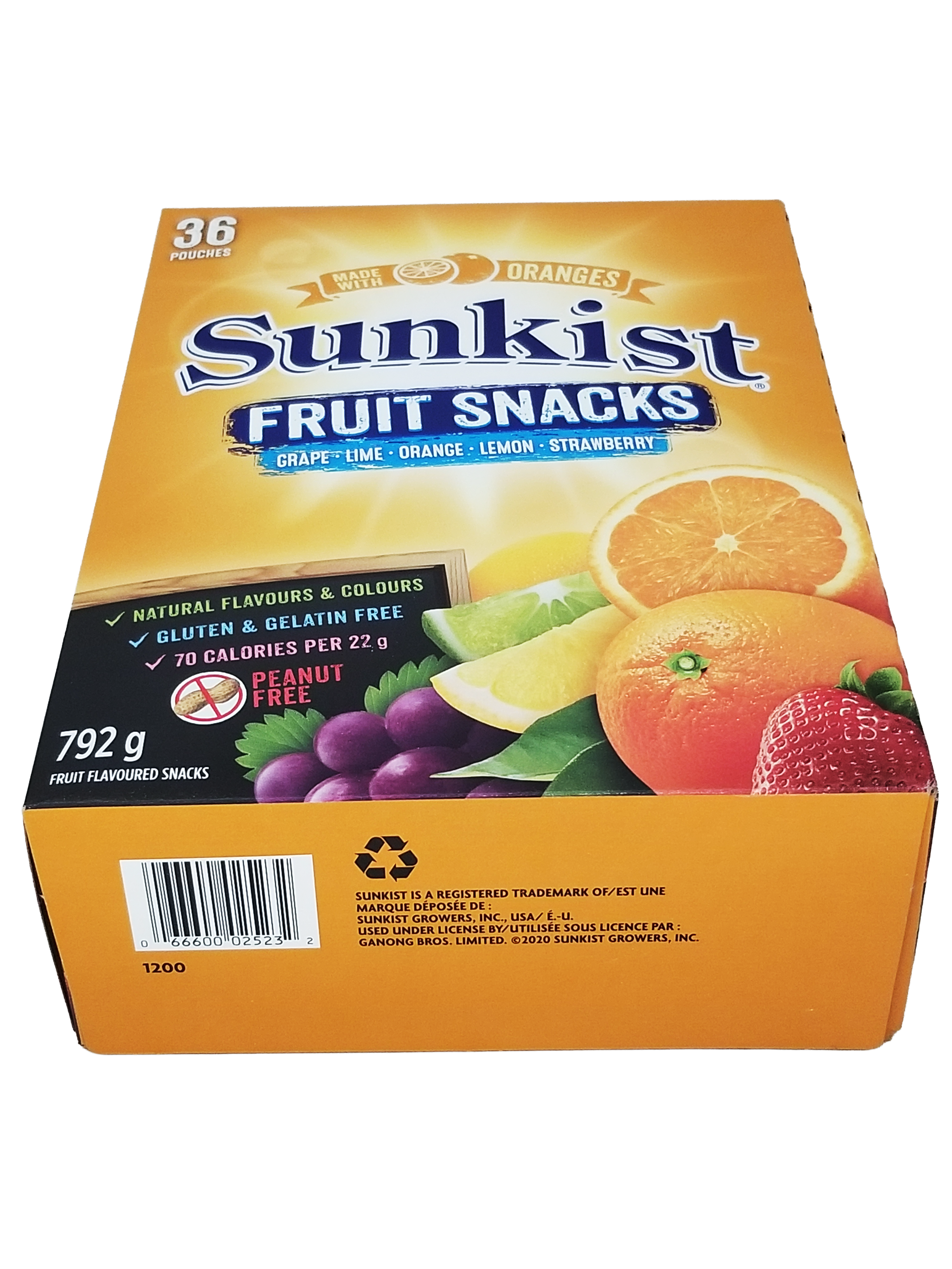 Box of Sunkist fruit snacks with various fruits on a white background