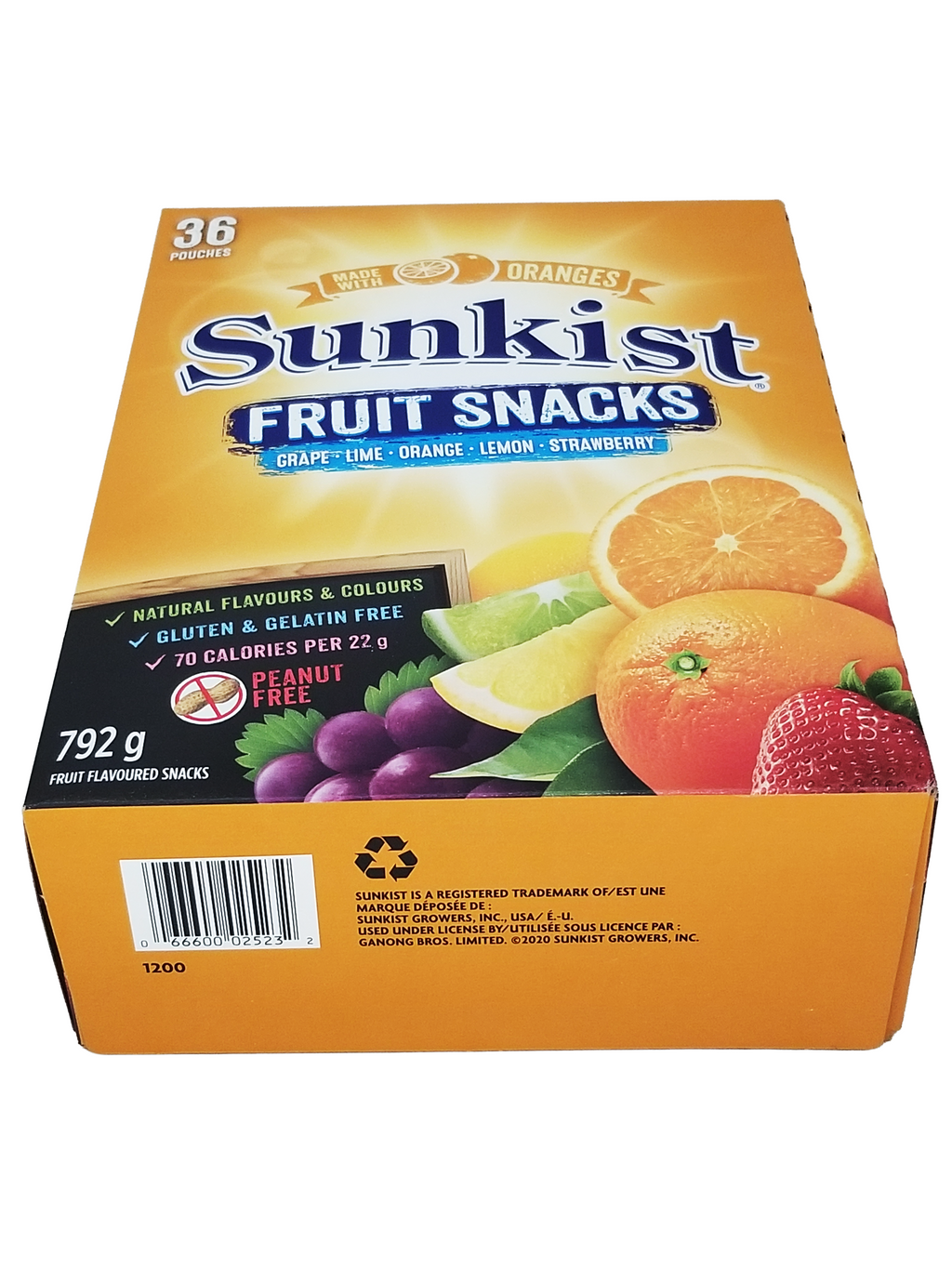 Box of Sunkist fruit snacks with various fruits on a white background