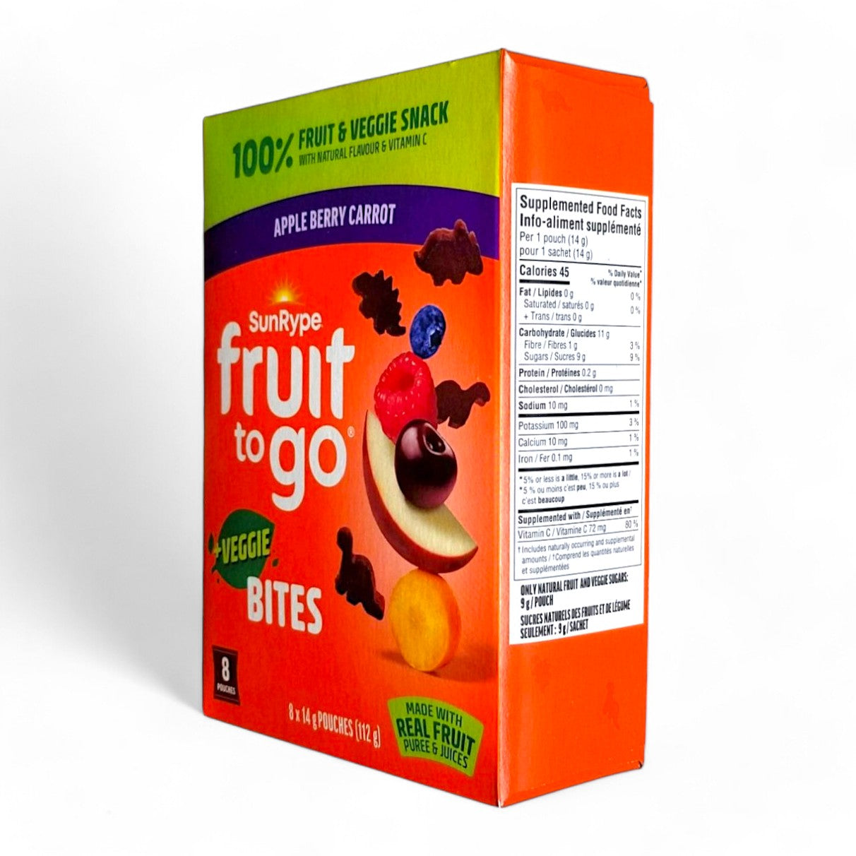 SunRype Fruit to Go + Veggie Bites, Apple Berry Carrot – 8 Pouches x 14g (112g/4 oz) - Angle Of Box