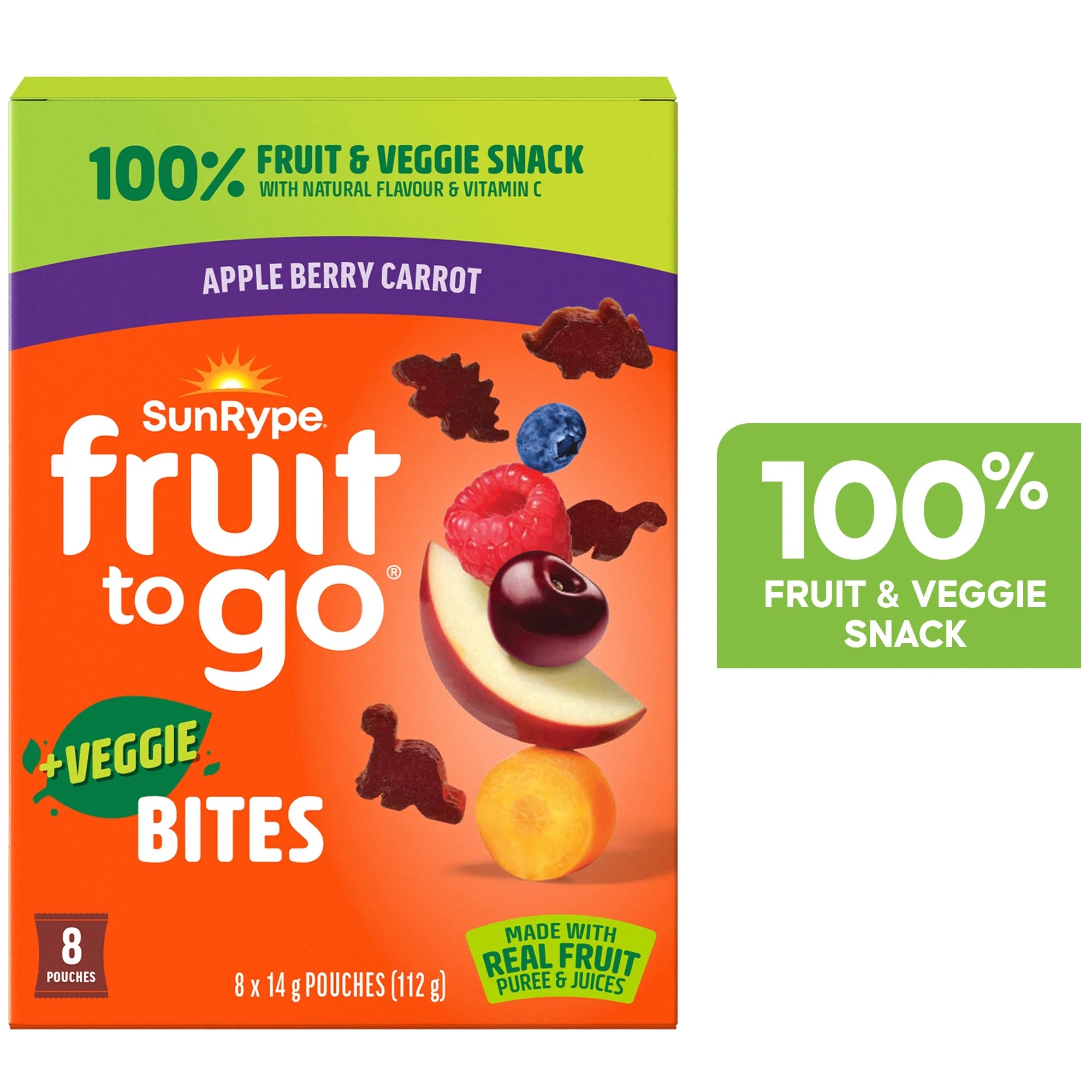 SunRype Fruit to Go + Veggie Bites, Apple Berry Carrot – 8 Pouches x 14g (112g/4 oz) - Front Of Box